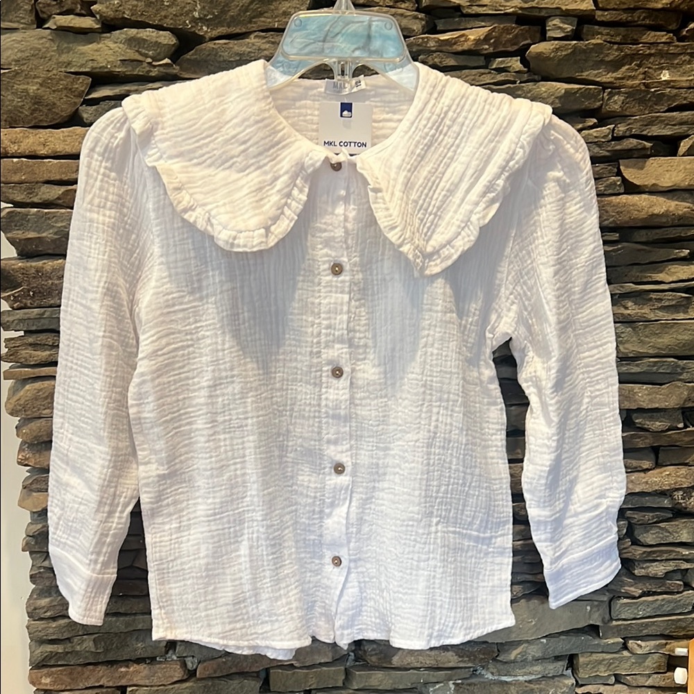 New-White Button-Up Blouse with Ruffled Collar- Uruguay original!!!
